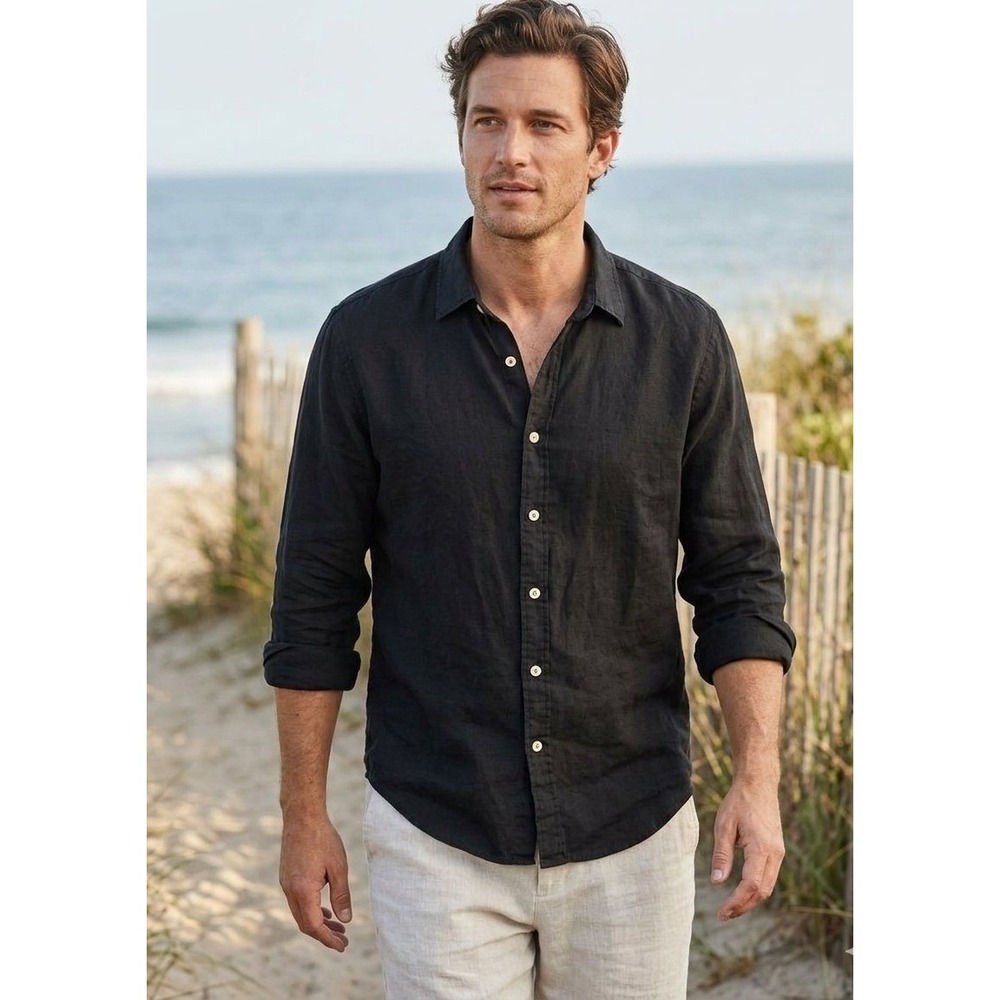 Quince 100% European Linen Button Down Shirt Mens L Black Flax Long Sleeve